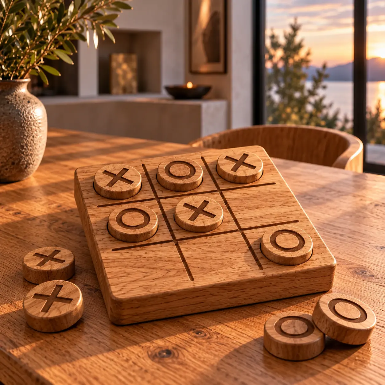 Drei-gewinnt-Spiel aus Eiche mit graviertem Spielfeld und X- und O-Spielsteinen