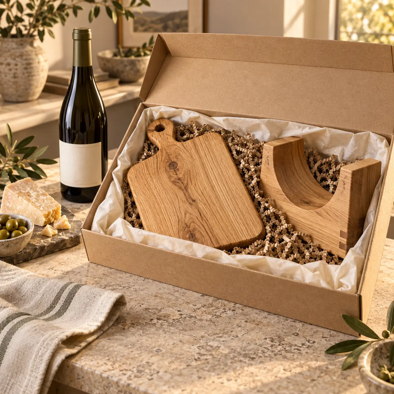 Offene Geschenkbox mit kleinem Eichenbrett und Eichen-Flaschenablage; Weinflasche außerhalb der Box