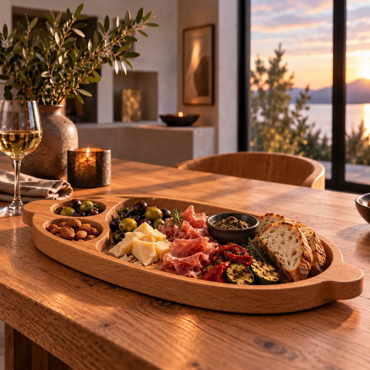 Ovales Eichenservierbrett mit zwei Holzgriffen und Antipasti auf einem warm beleuchteten Esstisch