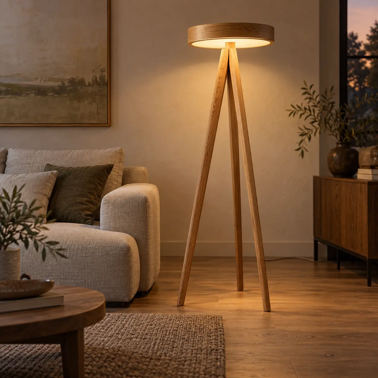 Dreibein-Stehleuchte aus Eiche mit LED-Lichtring neben einem Sofa in einem Wohnraum