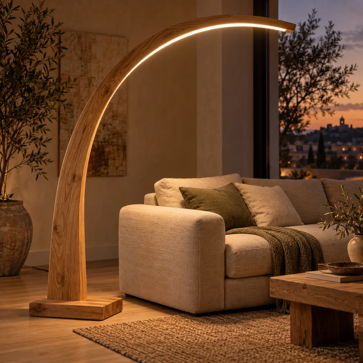 Bogenförmige LED-Stehleuchte aus Eiche neben einem Sofa in einem Wohnraum