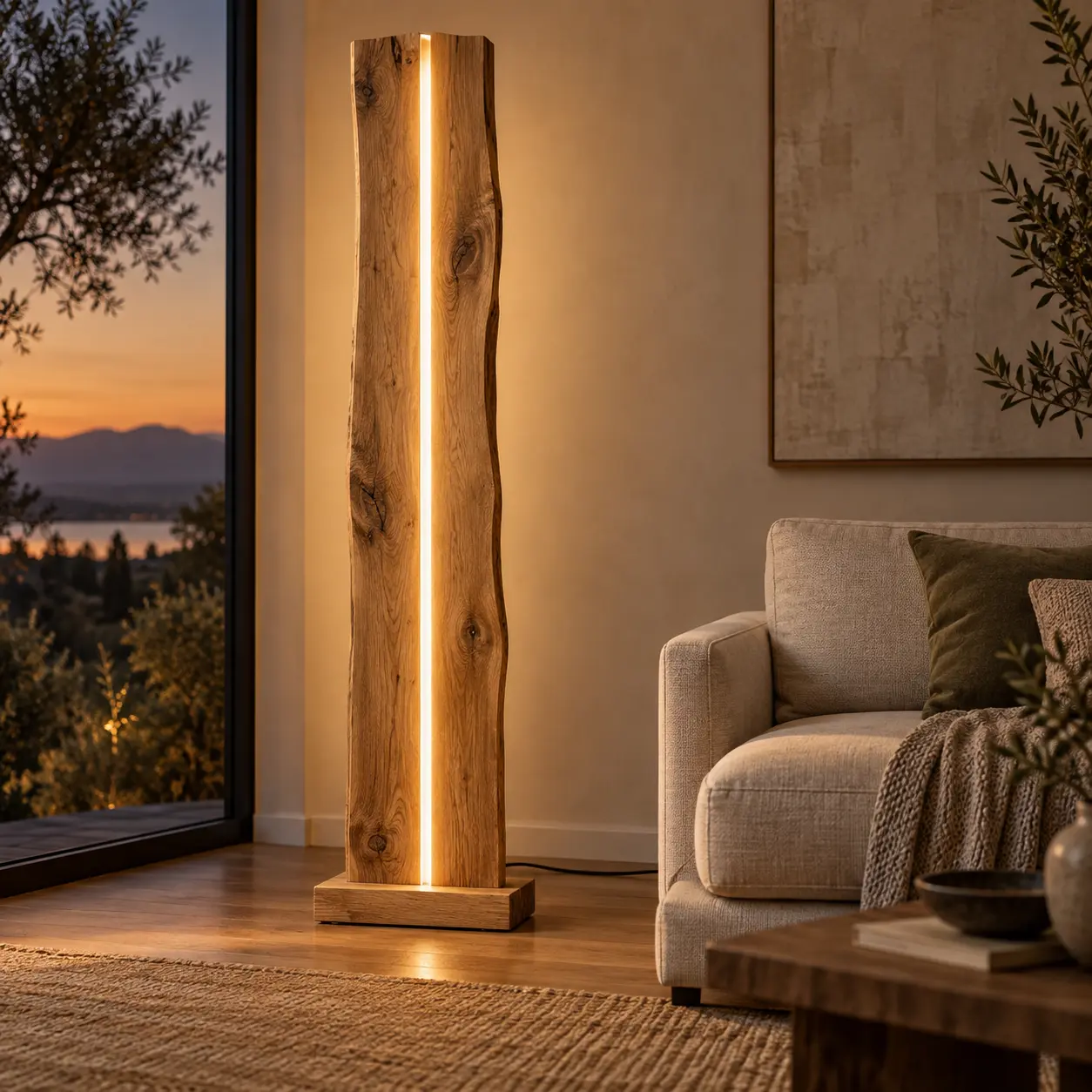 Stehleuchte mit Baumkante und LED-Lichtfuge neben einem Sofa in einem Wohnraum
