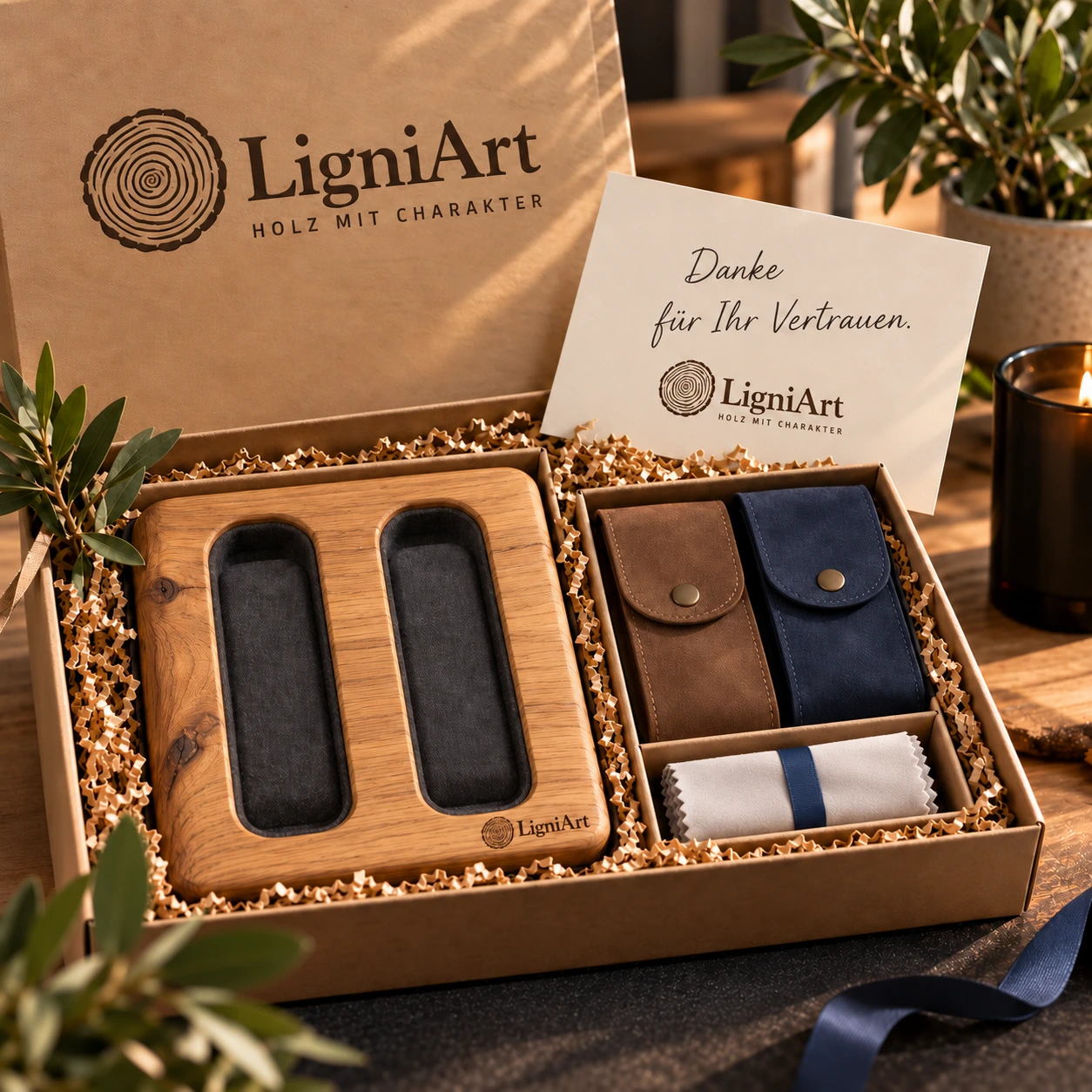 Offene LigniArt-Geschenkbox: Uhren & Lieblingsstücke mit Eiche und ausgewählten Beigaben