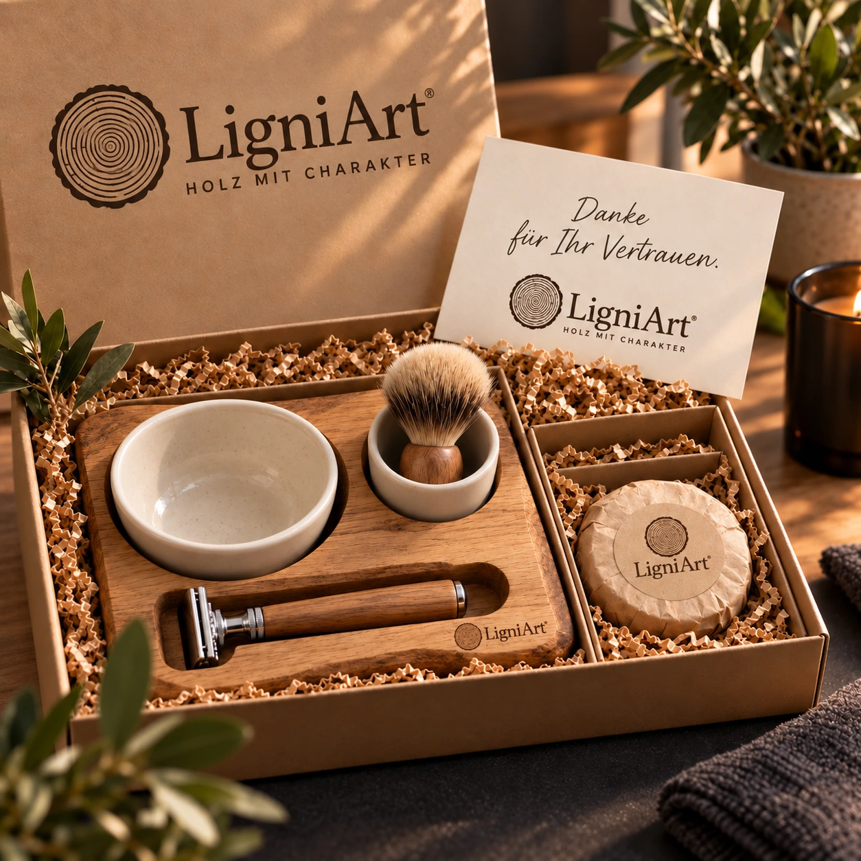Offene LigniArt-Geschenkbox: Das persönliche Pflegeritual mit Eiche und ausgewählten Beigaben