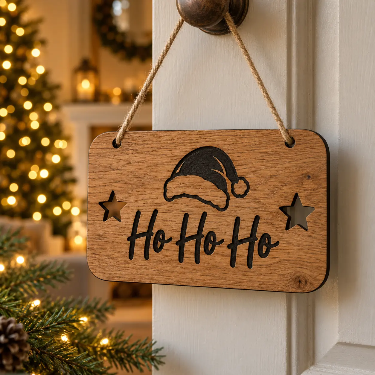 Eichenschild mit Gravur Ho Ho Ho, Weihnachtsmütze und zwei Sternöffnungen