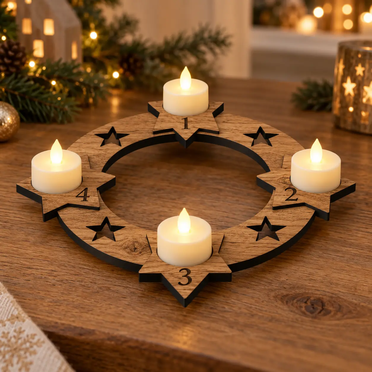 Flacher Adventsring mit vier Sternflächen und LED-Teelichtern auf Eichenfurnier