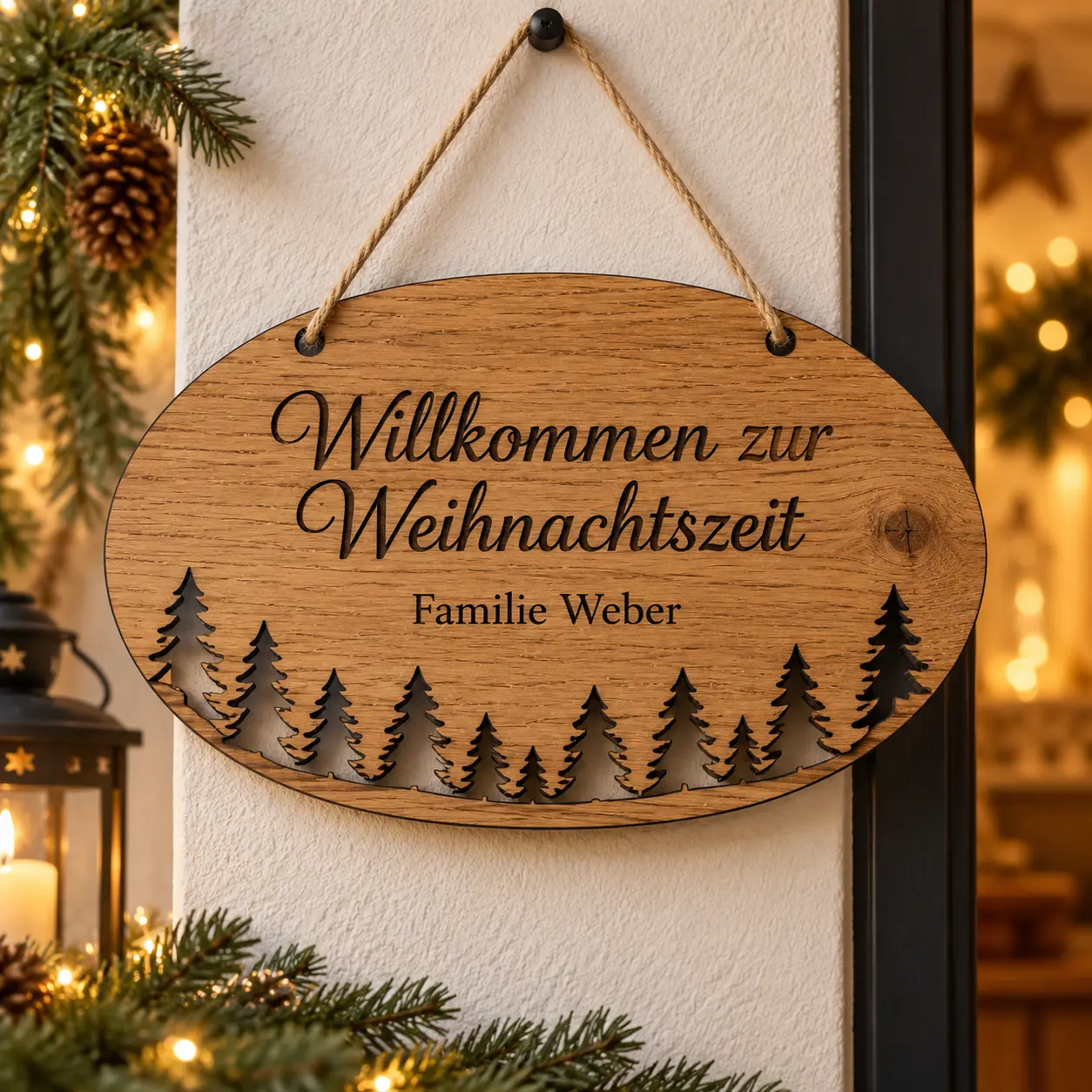Ovales Eichenschild mit Weihnachtsgruß, Familienname und Tannenmotiv