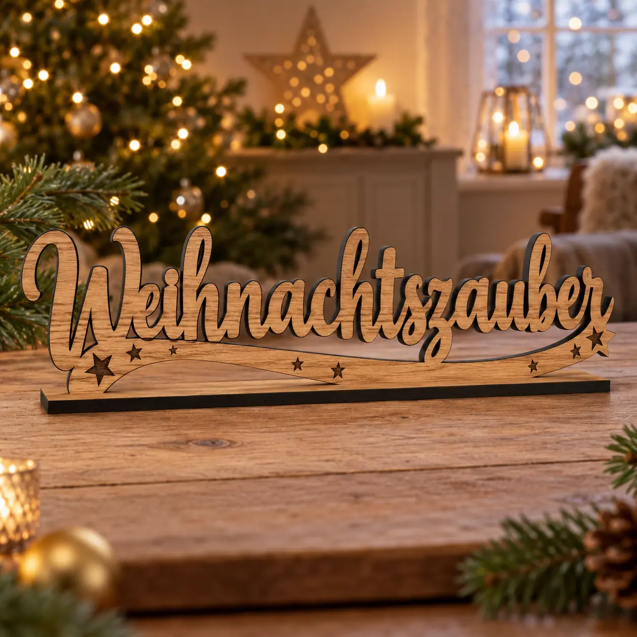 Stehender Schriftzug Weihnachtszauber aus Eichenfurnier mit schwarzen Schnittkanten
