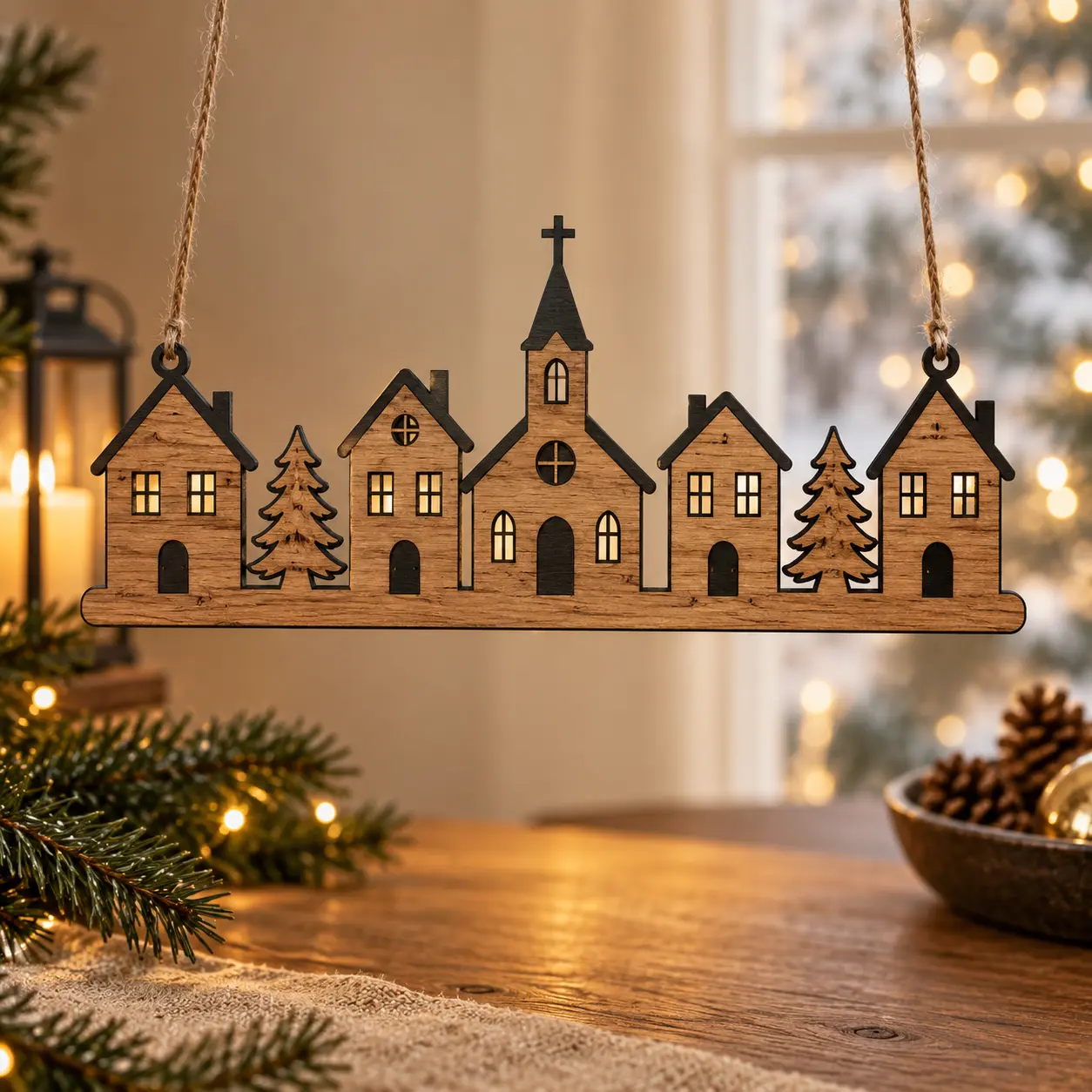 Hängende Häuserzeile mit Kirche, Tannen und ausgeschnittenen Fenstern aus Eichenfurnier auf schwarzem MDF