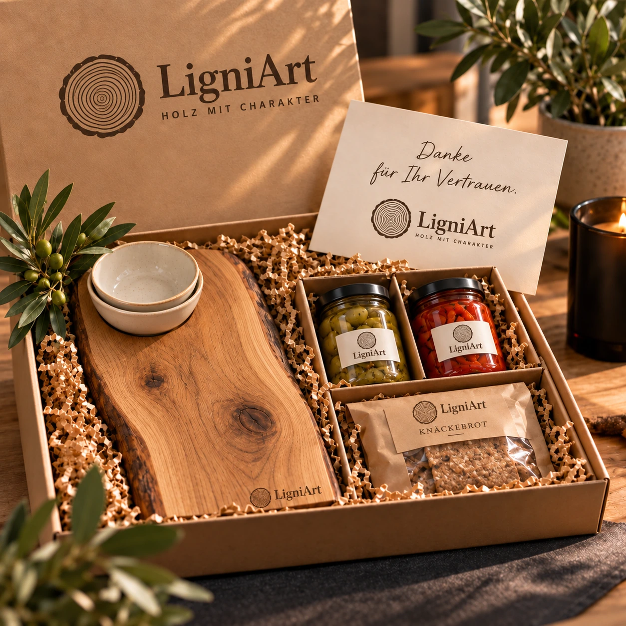 Offene LigniArt-Geschenkbox: Die lange Tapastafel mit Eiche und ausgewählten Beigaben