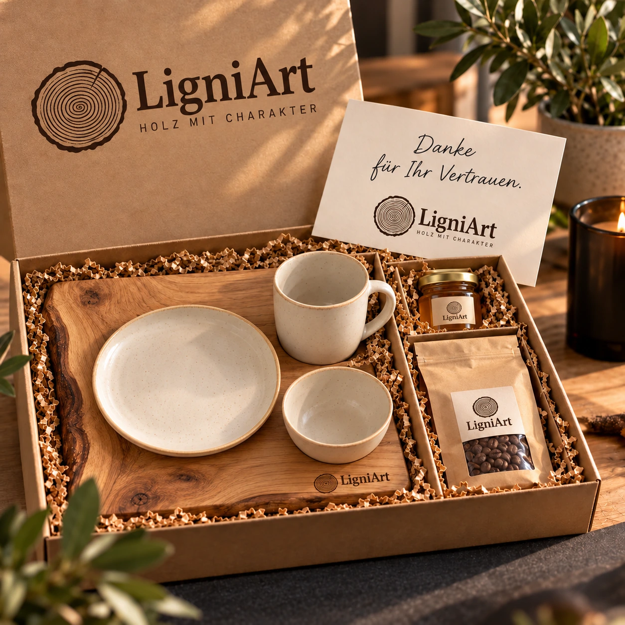 Offene LigniArt-Geschenkbox: Das Genussfrühstück mit Eiche und ausgewählten Beigaben