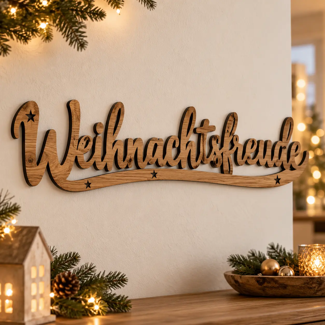 Lasergeschnittener Schriftzug Weihnachtsfreude mit Eichenmaserung und schwarzen Kanten