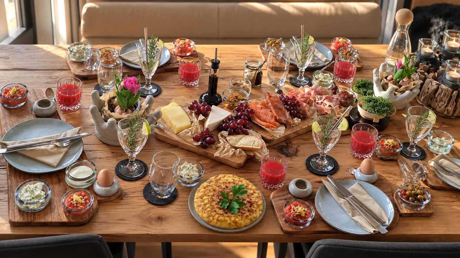 Gedeckter Eichentisch mit Tapasbrettern, grauen Tellern, kleinen Glasschälchen und Blumen